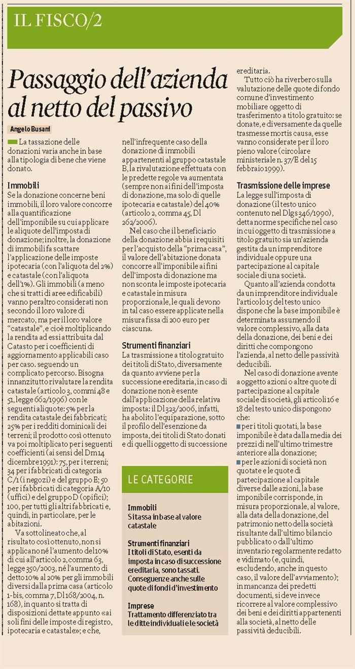 DONAZIONE - La tassazione della donazione di immobili, strumenti finanziari e aziende