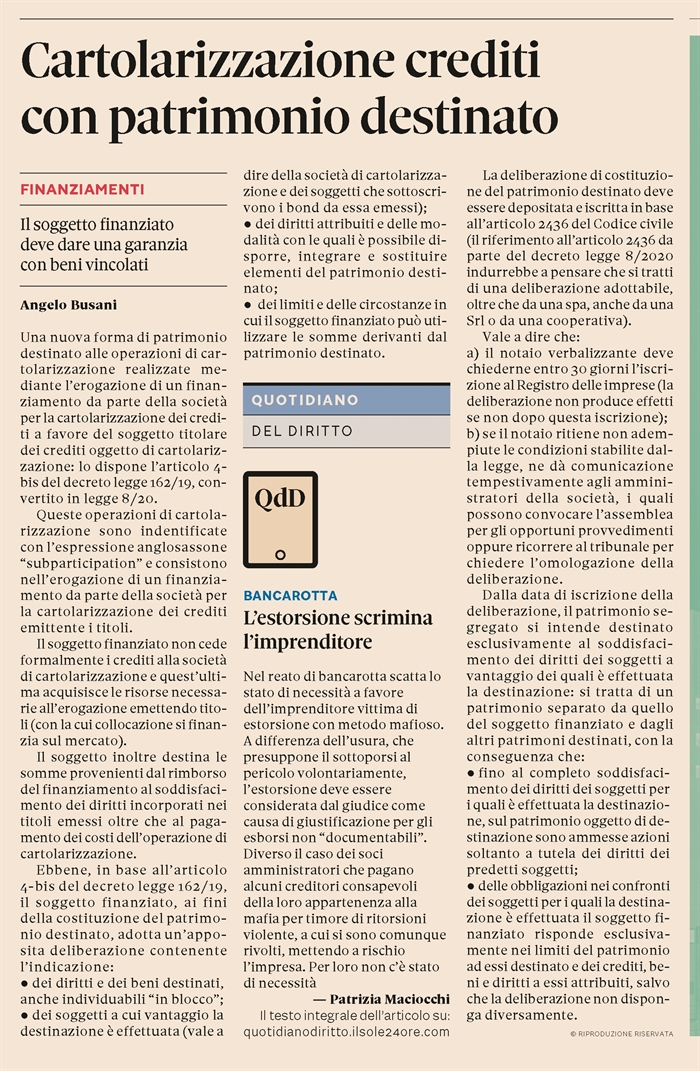 CARTOLARIZZAZIONI - Il patrimonio destinato a garanzia di finanziamenti erogati dalla società di cartolarizzazione