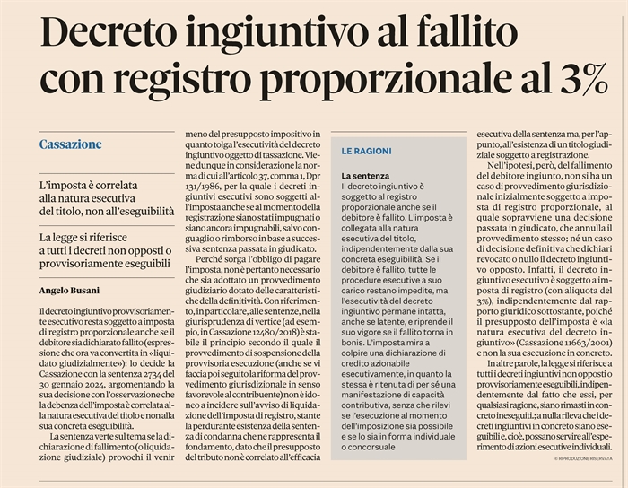 IMPOSTA DI REGISTRO - Decreto ingiuntivo al debitore fallito