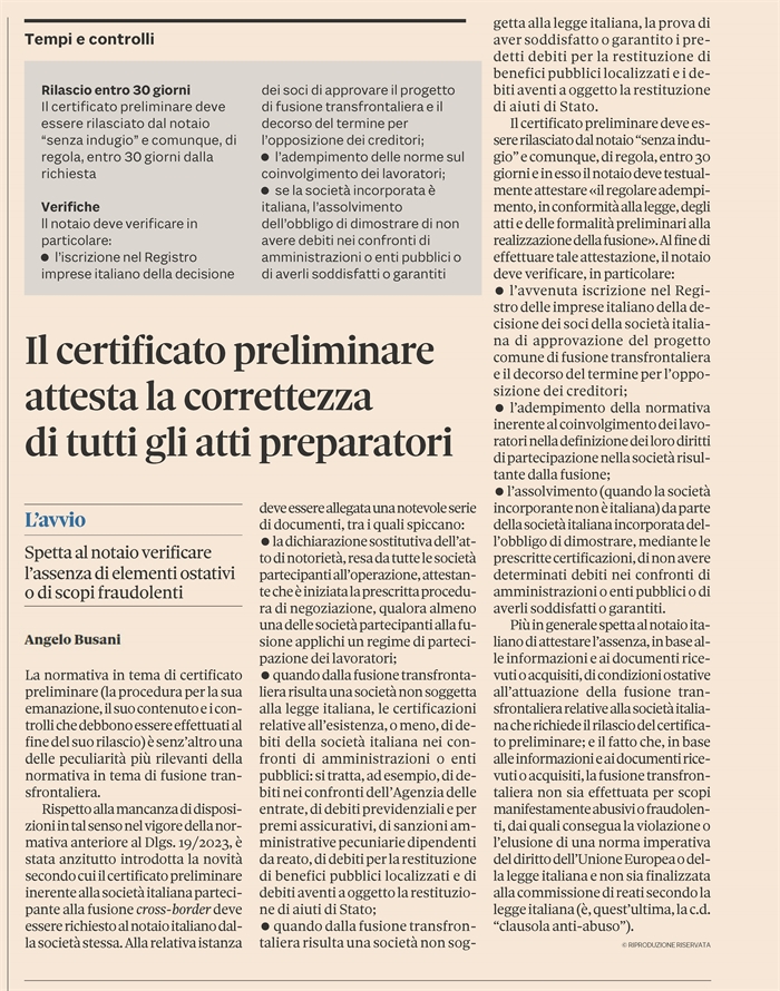 FUSIONE TRANSFRONTALIERA - Il certificato preliminare