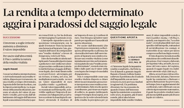 RENDITA VITALIZIA - Regole assurde per calcolare imposte di registro e di donazione 