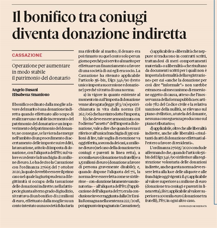 DONAZIONE - Imposta all'8 per cento per il bonifico da marito a moglie