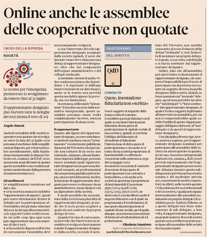 SOCIETA' - Assemblee delle cooperative durante l'emergenza COVID-19