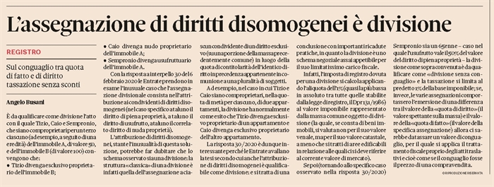 DIVISIONE - Assegnazione ai condividenti di diritti disomogenei