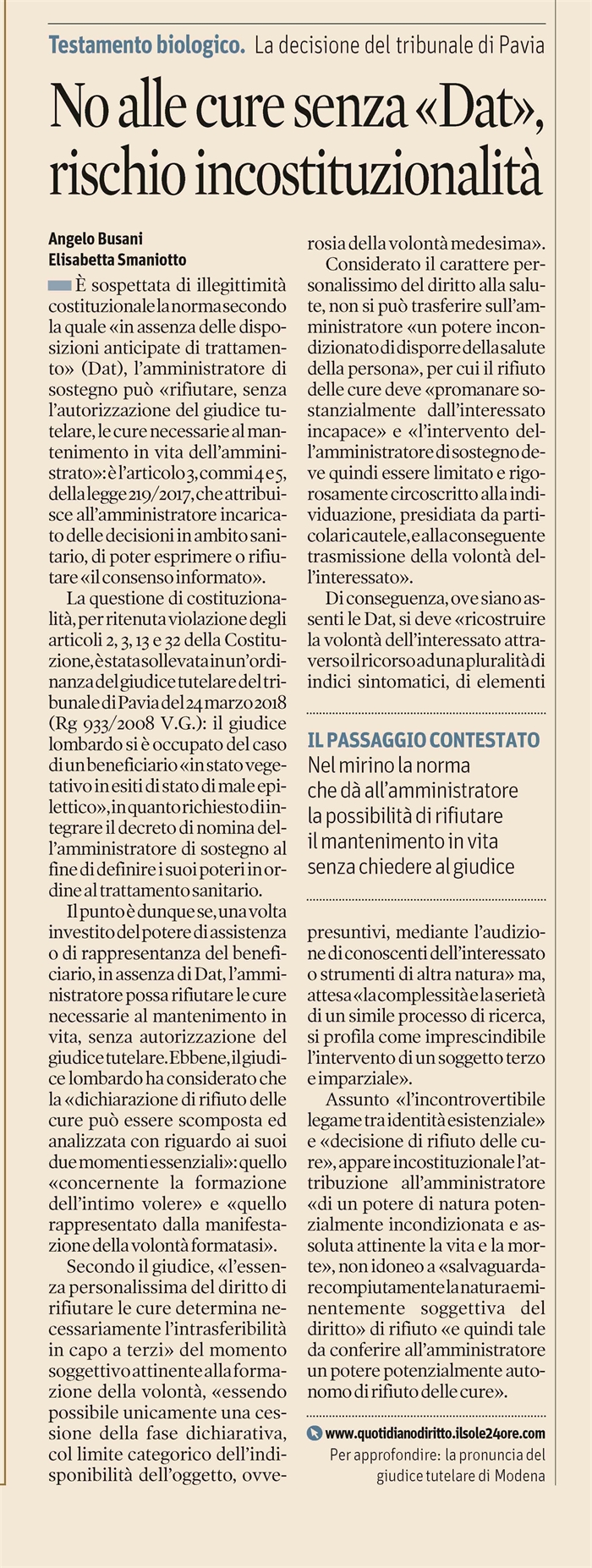 AMMINISTRAZIONE DI SOSTEGNO - Rifiuto di cure per il mantenimento in vita
