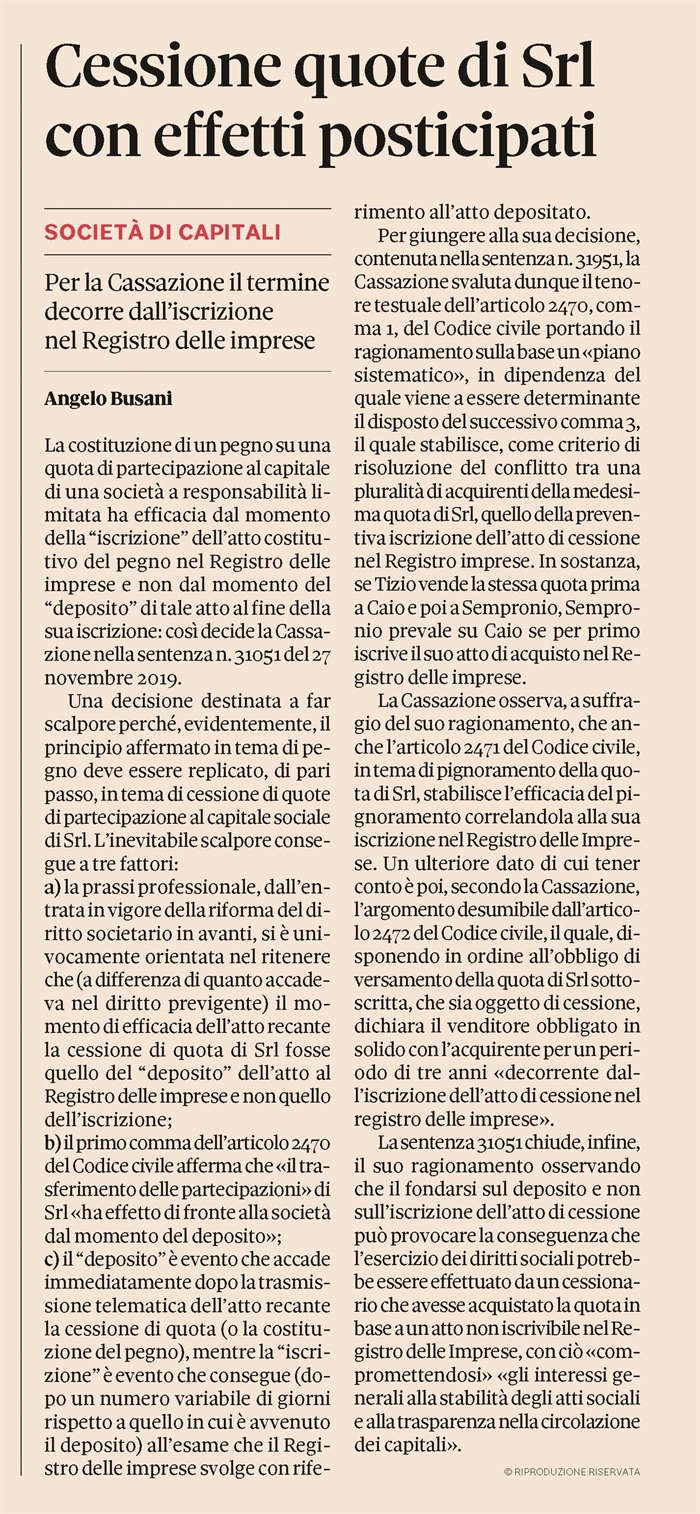 SOCIETA - Cessione e pegno di quote di Srl - Vale l'iscrizione, non il deposito