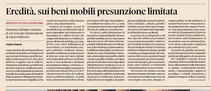 EREDITA ' - Presunzione di esistenza di denaro, gioielli e mobilia 
