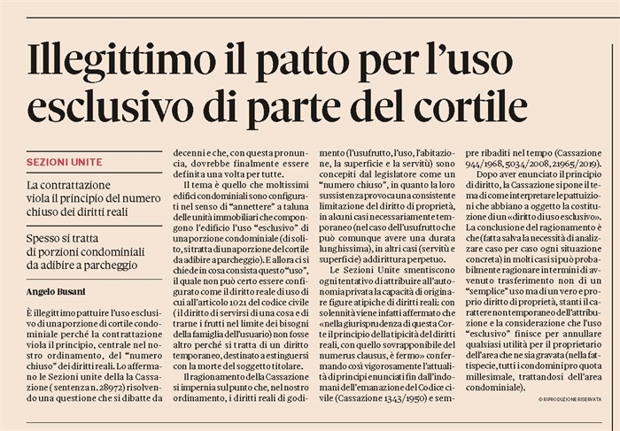 CORTILE CONDOMINIALE - Illegittimo il patto di uso esclusivo