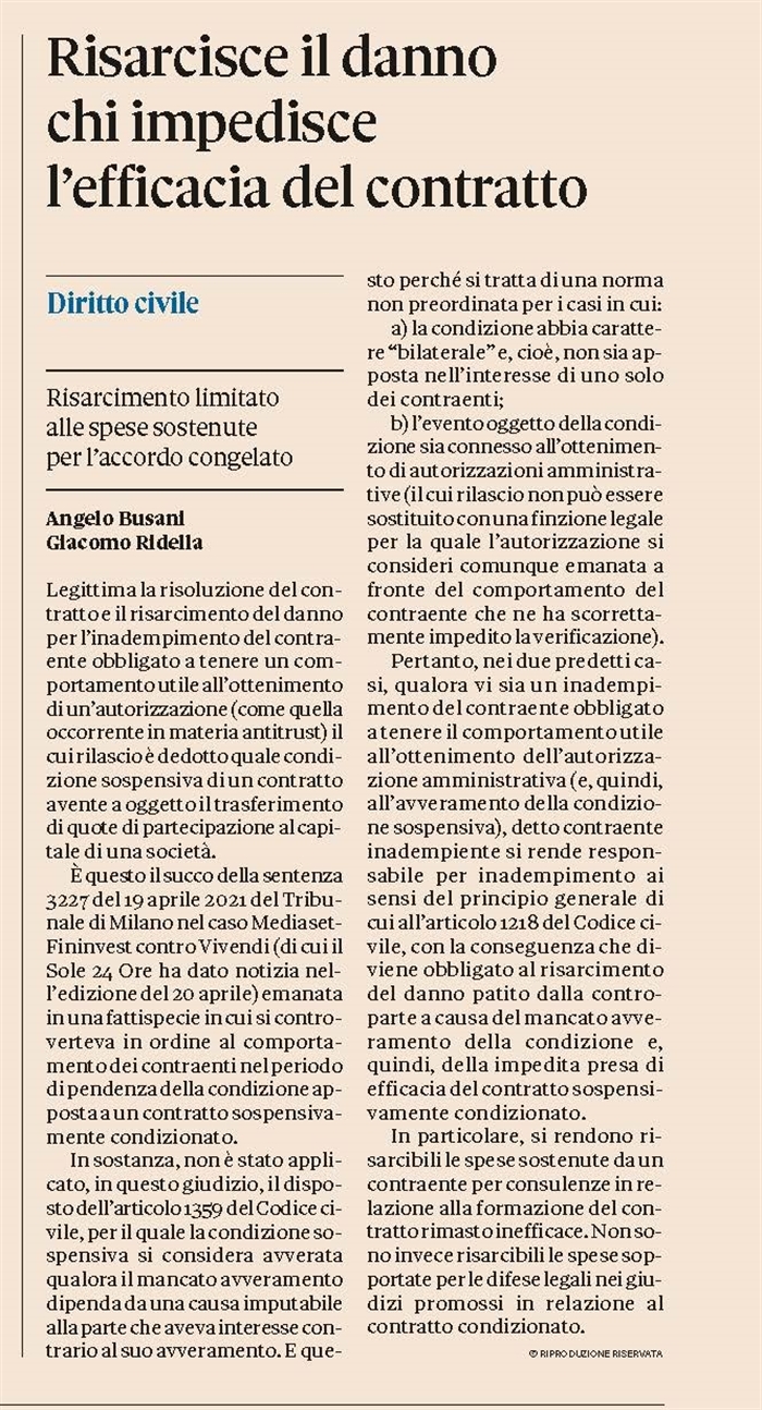 SOCIETA' - Cessione di quote condizionata al rilascio di autorizzazione antitrust