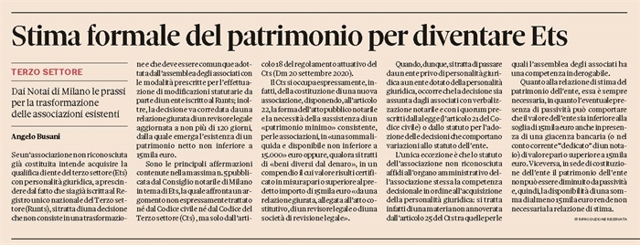 ENTI NON PROFIT - La stima del patrimonio per diventare ETS riconosciuto