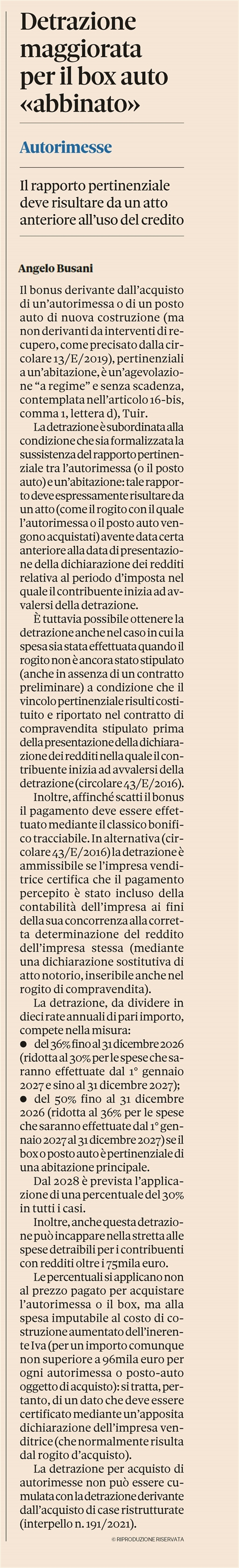 DETRAZIONE IRPEF - Il bonus per l'acquisto di box pertinenziali