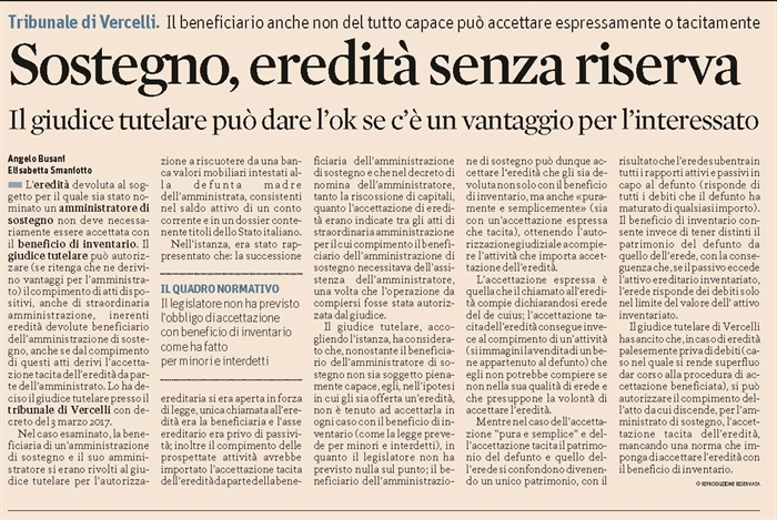 EREDITA' - Accettazione di eredità devoluta a soggetto con amministratore di sostegno