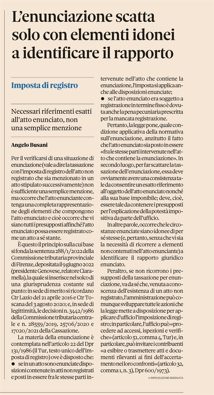 IMPOSTA DI REGISTRO - I presupposti per l'enunciazione