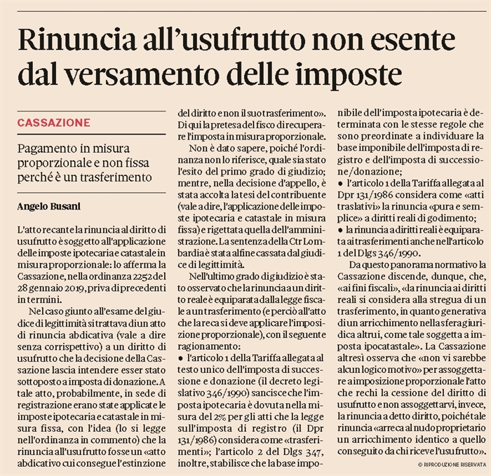 RINUNCIA A USUFRUTTO - Imposte ipotecaria e catastale in misura proporzionale