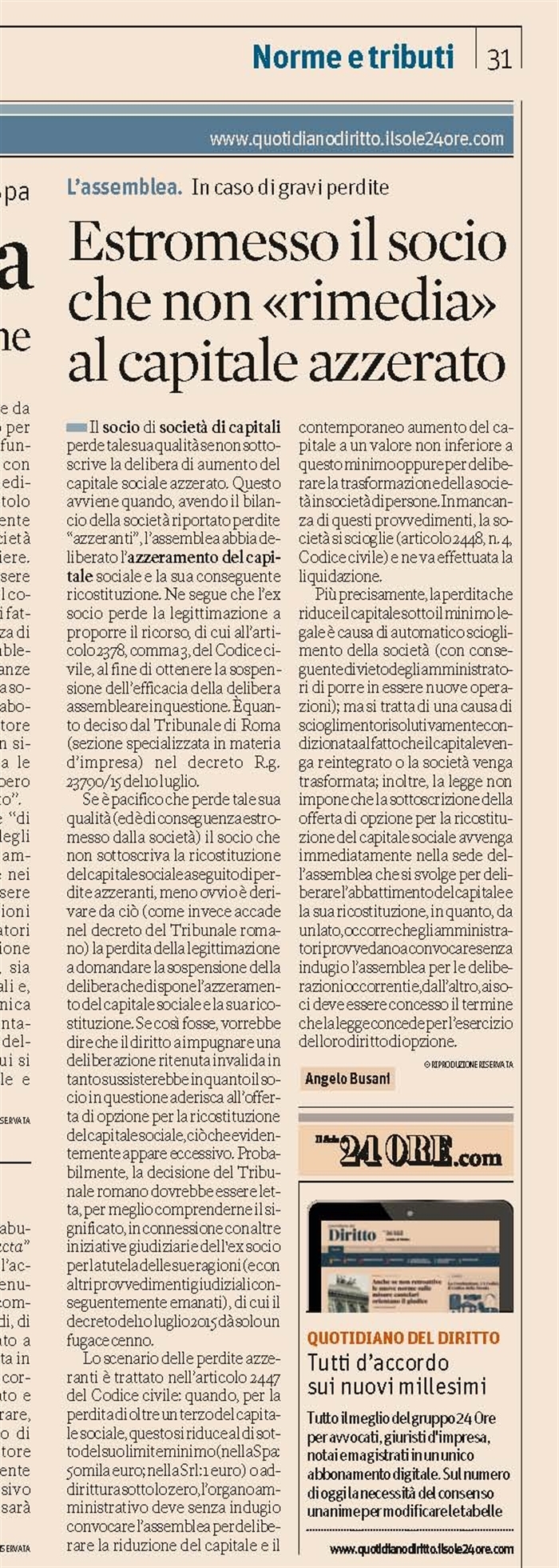 SOCIETA' - Perdite azzeranti - Escluso il socio che non ricapitalizza