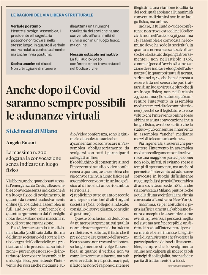 SOCIETA' - Assemblee e Cda on line anche dopo l'emergenza Covid