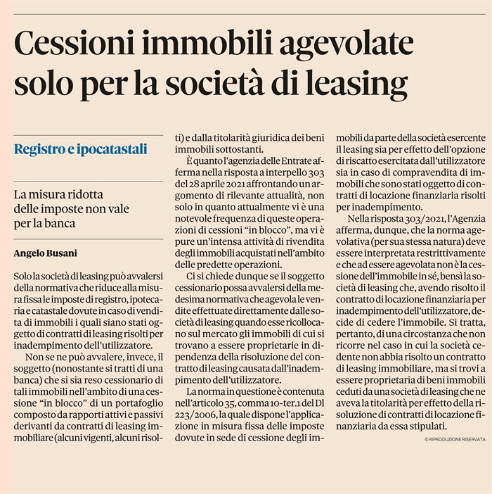 LEASING - Agevolazione per vendita immobili oggetto di contratti risolti