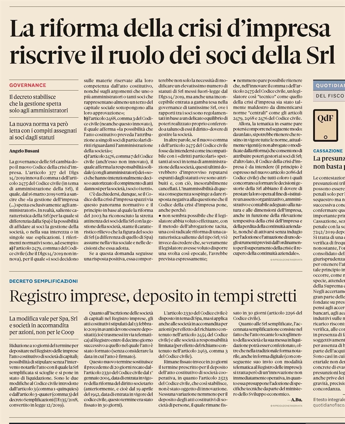 SOCIETA' - Il Codice della crisi d'impresa e la governance della Srl