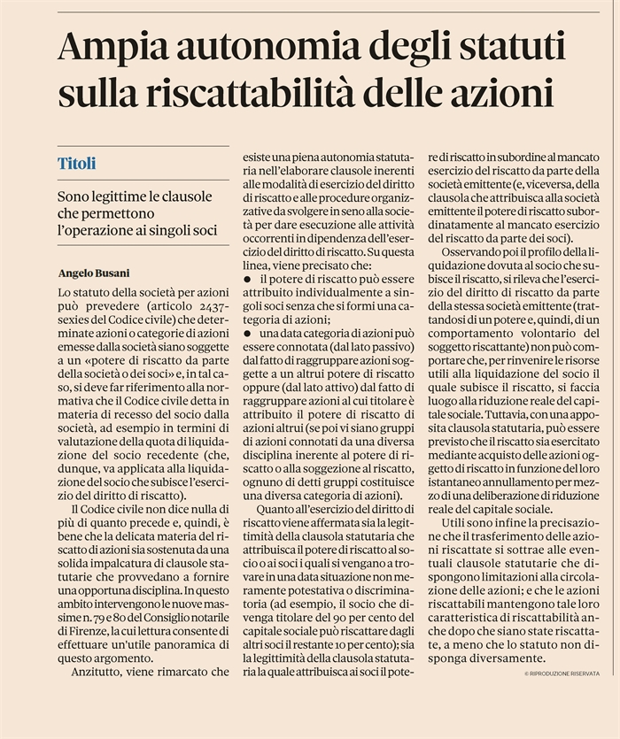 SOCIETA' - Riscatto azioni con clausole ad ampio raggio