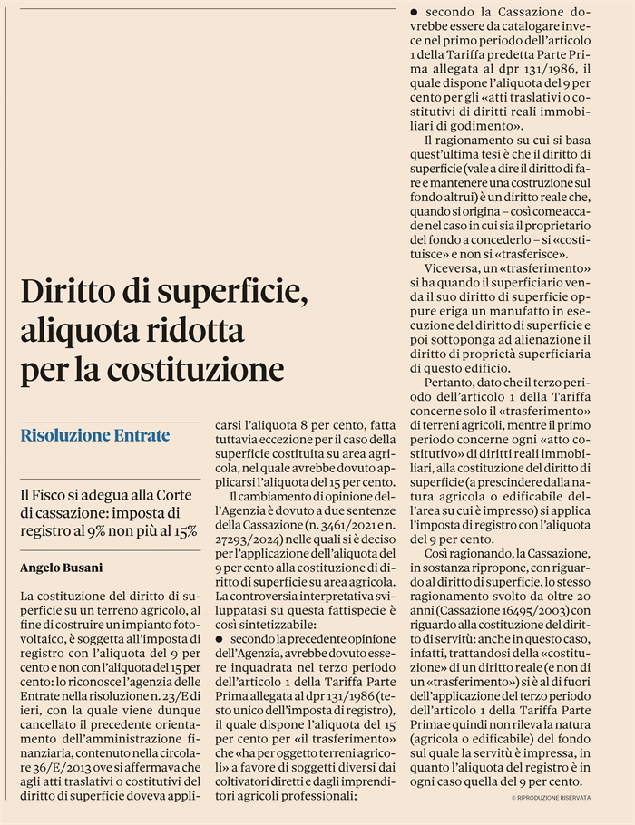 DIRITTO DI SUPERFICIE - Registro al 9% su fondo agricolo