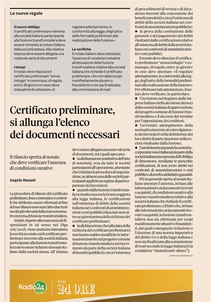 FUSIONE TRANSFRONTALIERA - Il nuovo "certificato preliminare"