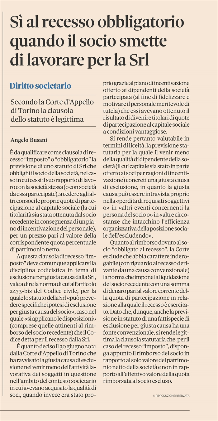 SOCIETA' - Al recesso 'imposto' si applicano le norme sull'esclusione