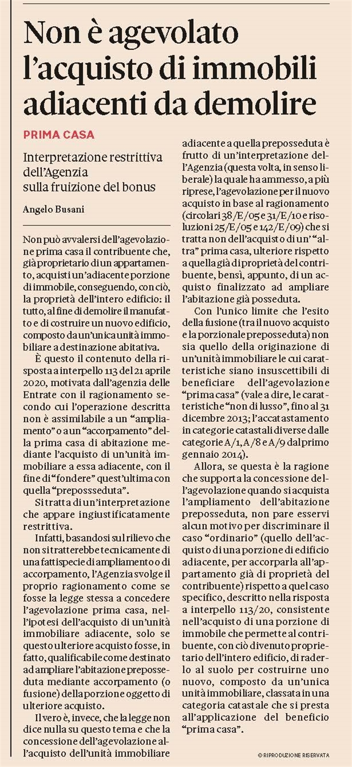 PRIMA CASA - No agevolazione a chi acquista per demolire-ricostruire