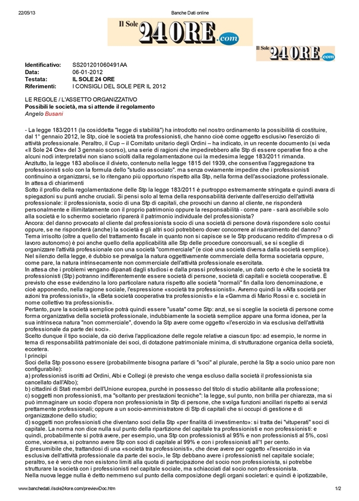 2012 01 06 POSSIBILI LE SOCIETÀ, MA SI ATTENDE IL REGOLAMENTO
