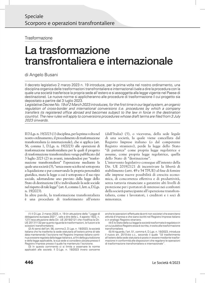 TRASFORMAZIONE TRANSFRONTALIERA - In vigore dal 3 luglio 2023