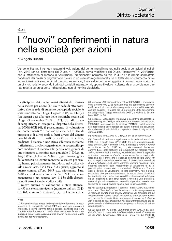 SOCIETA' - La valutazione dei conferimenti in natura nella SpA