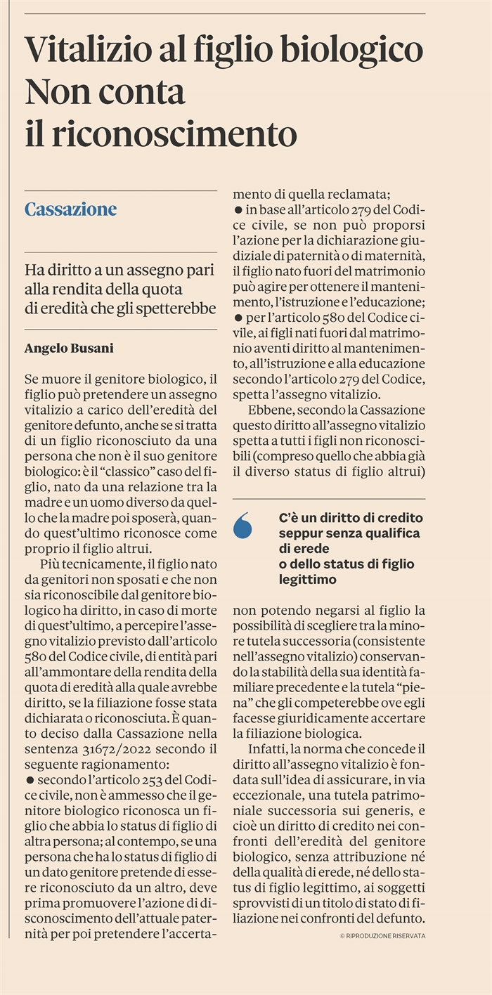 EREDITA' - Assegno vitalizio per il figlio biologico del genitore defunto