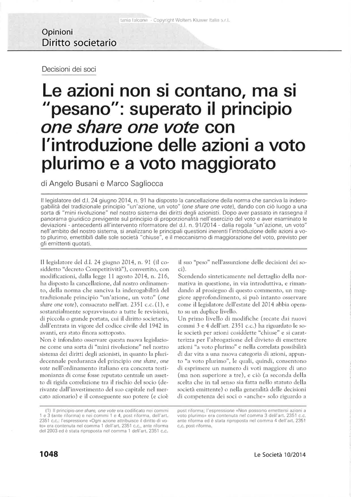 SOCIETA' - Azioni a voto plurimo e a voto maggiorato