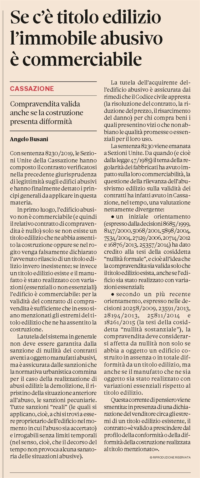 COMPRAVENDITA - Se c'è titolo edilizio l'edificio è commerciabile anche se abusivo