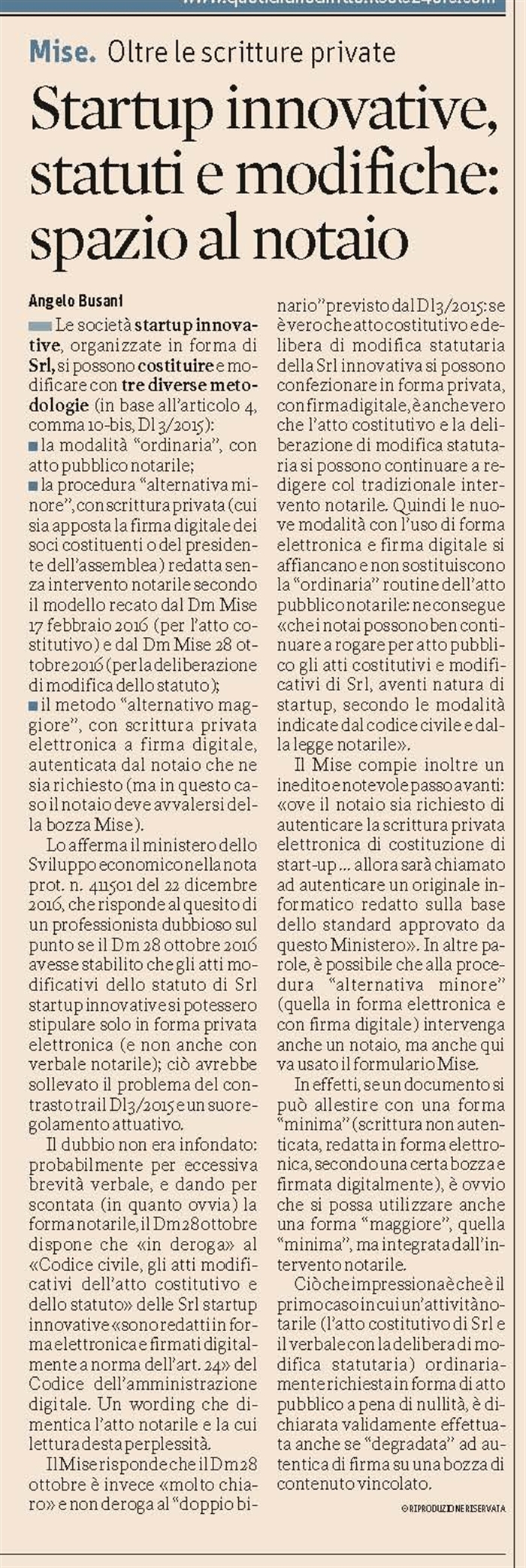SOCIETA' - Atto costitutivo e modifiche statutarie di start up innovative