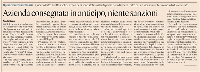 SOCIETA - Cessione d'azienda - trasferimento anticipato del possesso 