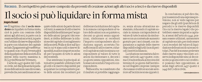 SOCIETA' - Liquidazione del socio che recede