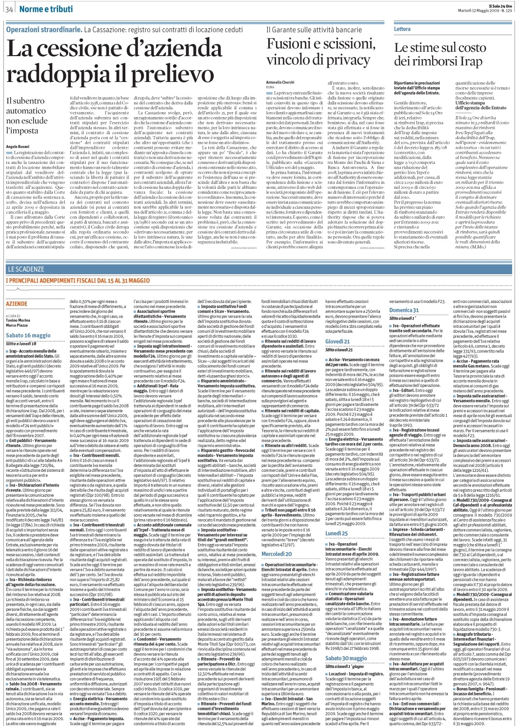 AZIENDE - Imposte di registro- Cessione azienda e contratti