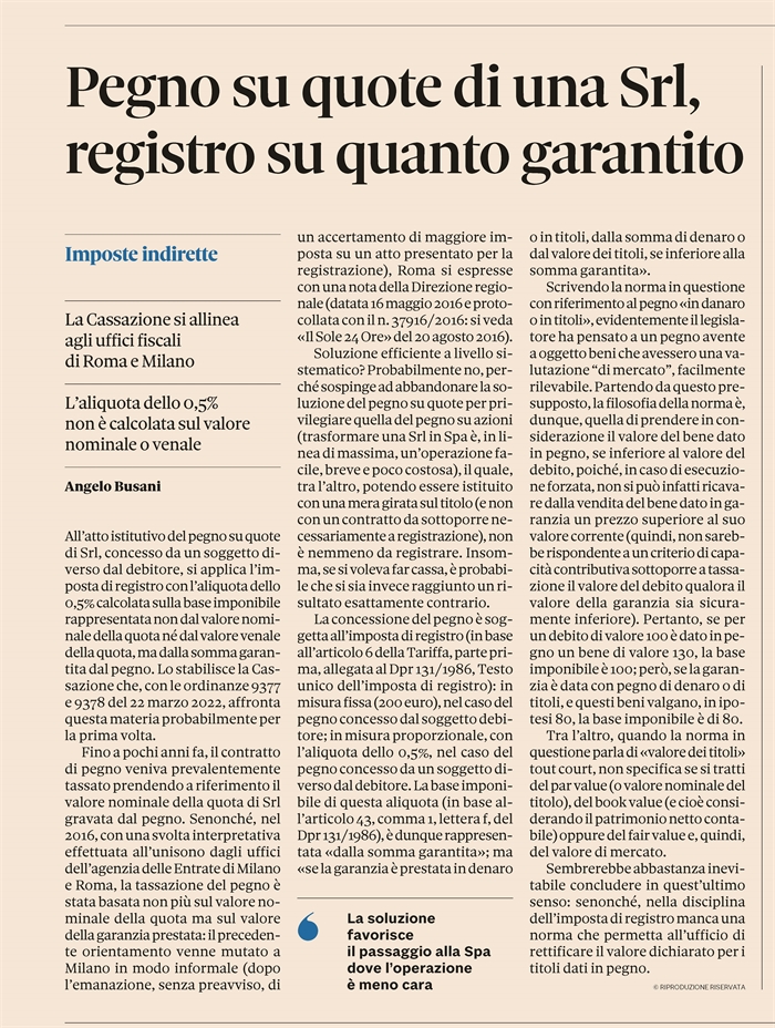 IMPOSTA DI REGISTRO - Pegno su quota di Srl 