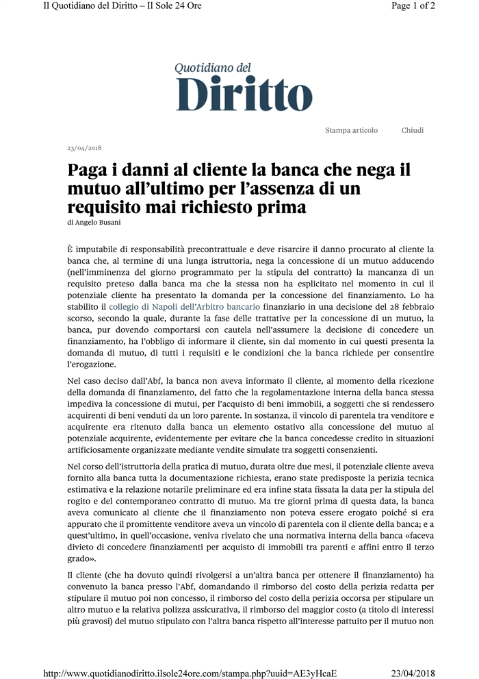 MUTUO - Responsabilità della banca che nega il mutuo all'ultimo momento 