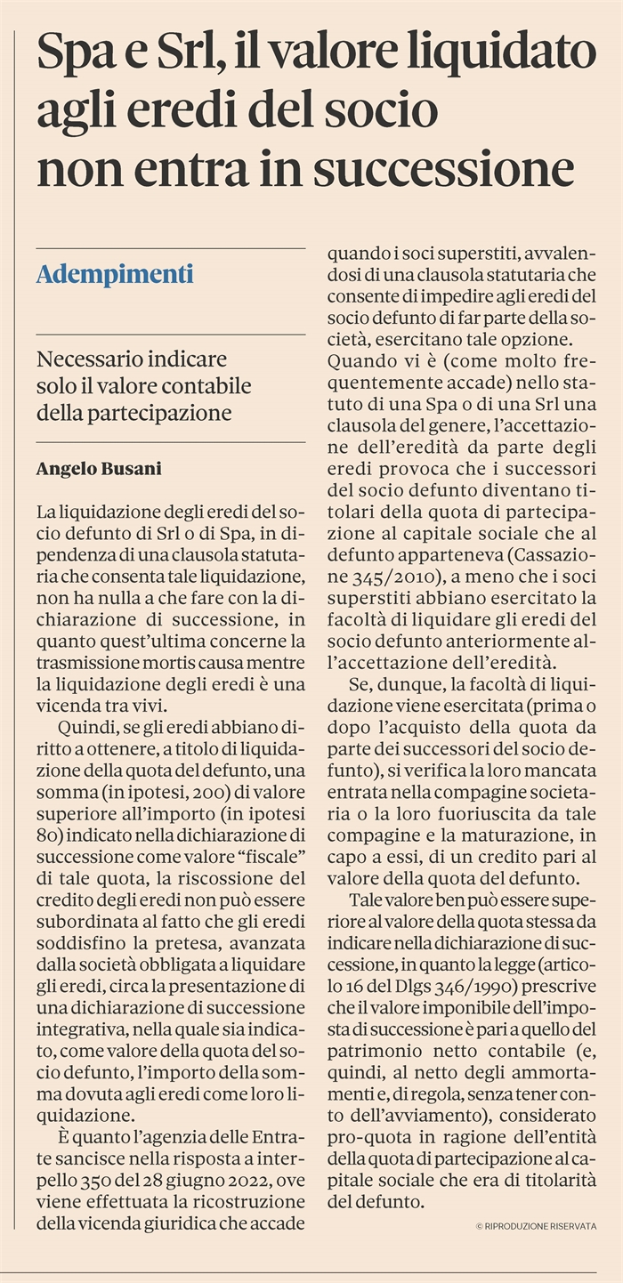 DICHIARAZIONE DI SUCCESSIONE - Il valore della quota del socio defunto
