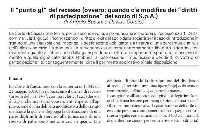 SOCIETA' - Recesso per modifica dei diritti di partecipazione del socio