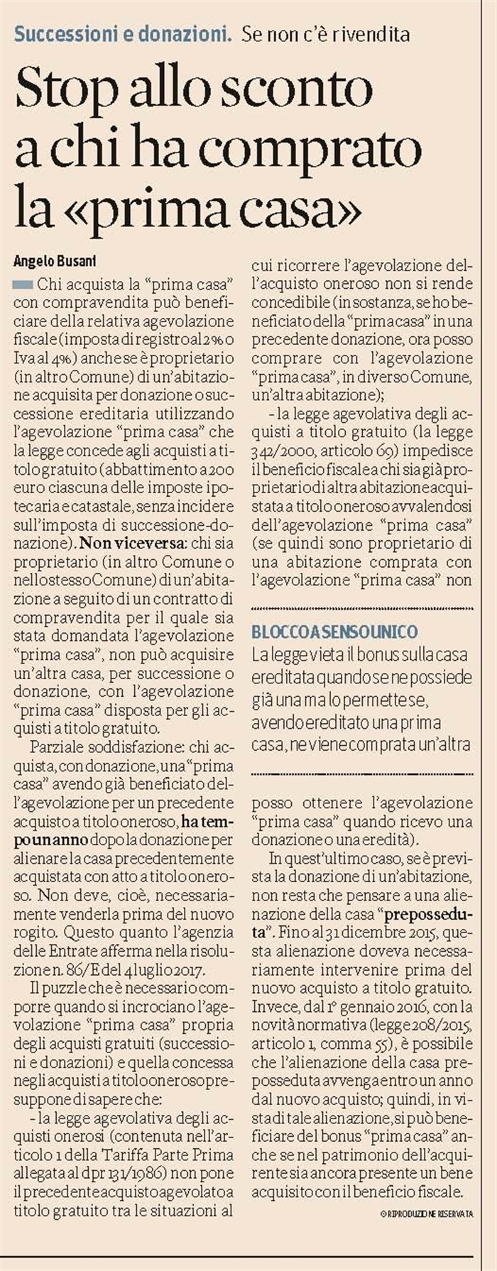 COMPRAVENDITA - Agevolazione "prima casa" - Prepossidenza per donazione