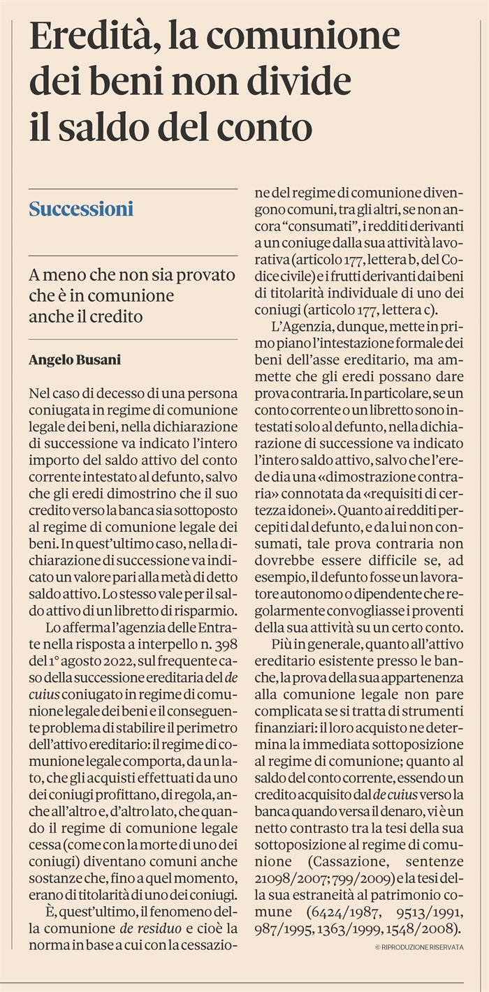 EREDITA' - Conto corrente bancario - de cuius coniugato in comunione legale