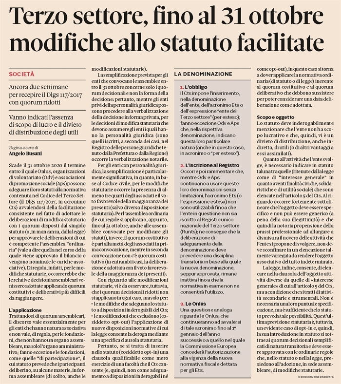 ENTI TERZO SETTORE - Fino al 31 ottobre modifiche statutarie facilitate
