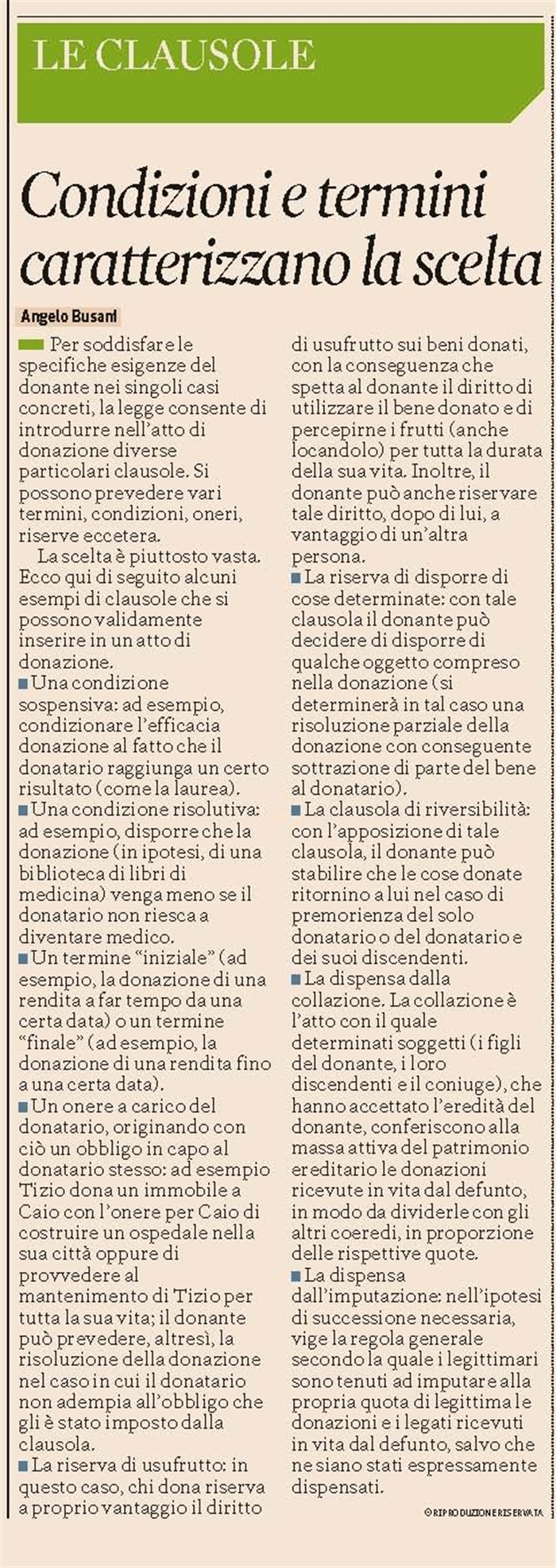 DONAZIONE - Le clausole da inserire nel contratto di donazione