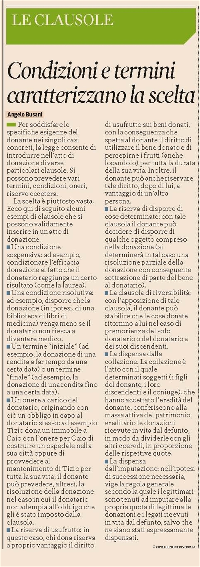 DONAZIONE - Le clausole da inserire nel contratto di donazione