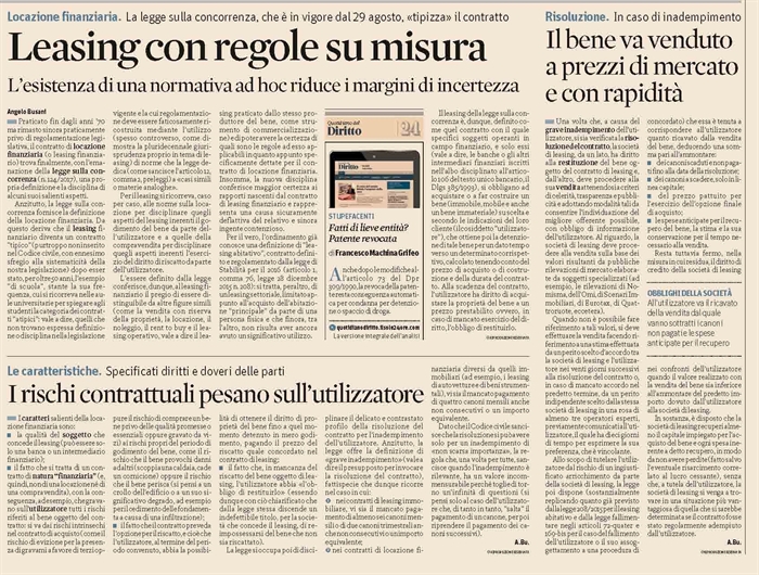 LEASING - Finalmente codificato il contratto di leasing finanziario