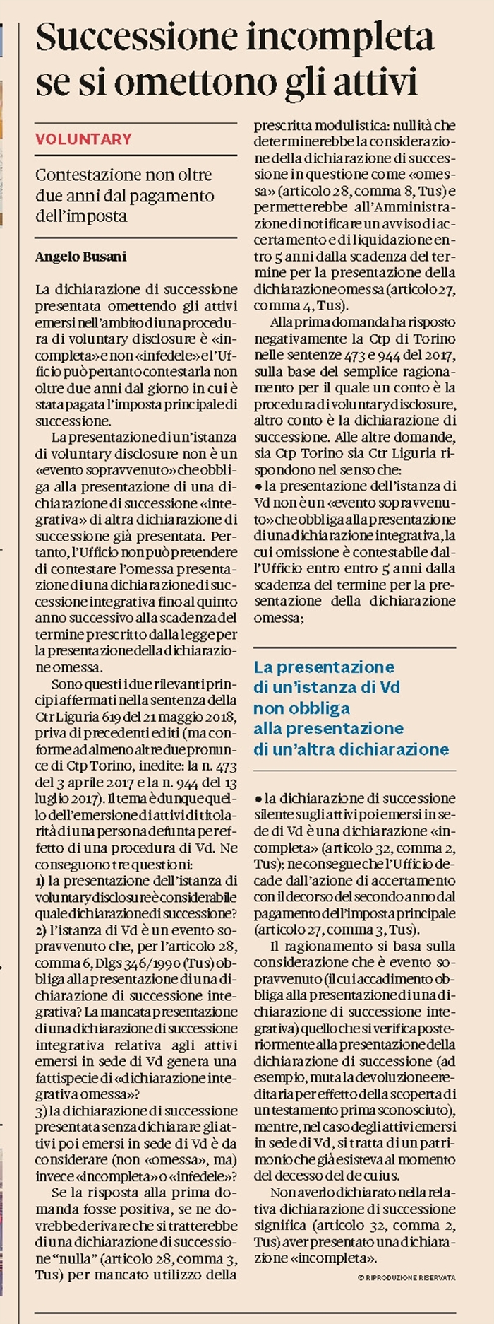 IMPOSTA DI SUCCESSIONE - Dichiarazione di successione per attivi emersi in sede di voluntary disclosure