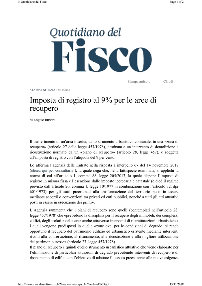 COMPRAVENDITA - Registro al 9% per il trasferimento di area in zona di recupero