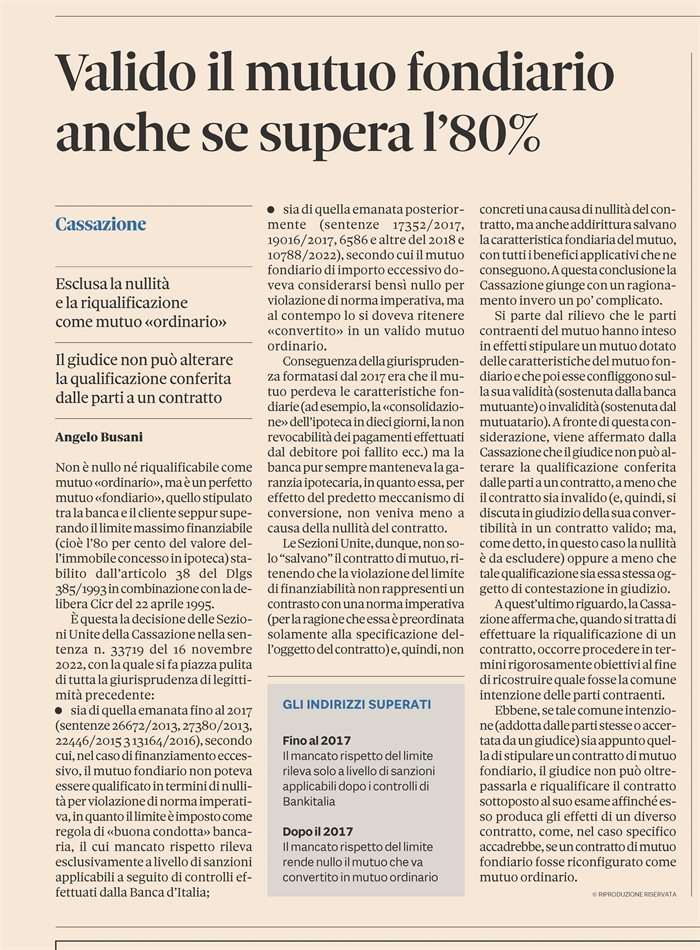 MUTUO FONDIARIO - Valido anche se supera l'80% dell'immobile ipotecato